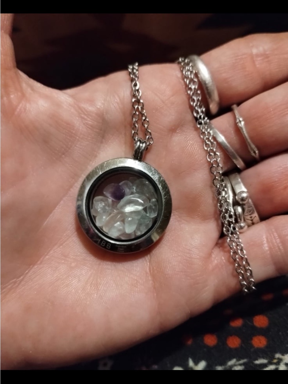 Silver Floating Gemstone Locket Necklace with Clear and Purple Chips